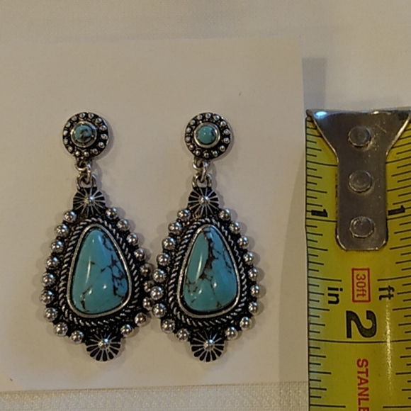 Turquoise Silver Drop Earrings Boho Gypsy Cowgirl Southwest Rustic Style - Picture 2 of 4